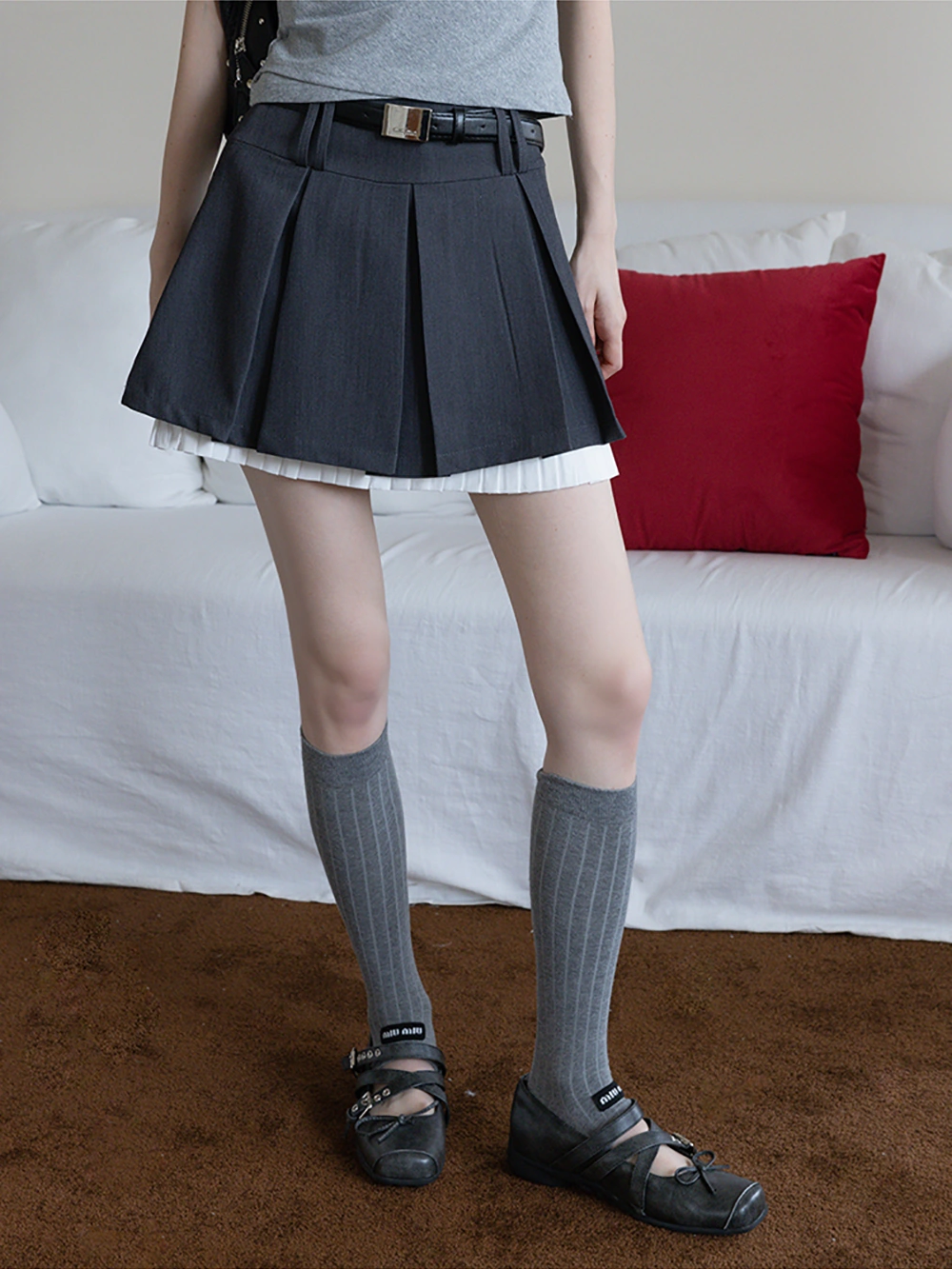 Pleated Layered Skirt Shorts with Belt