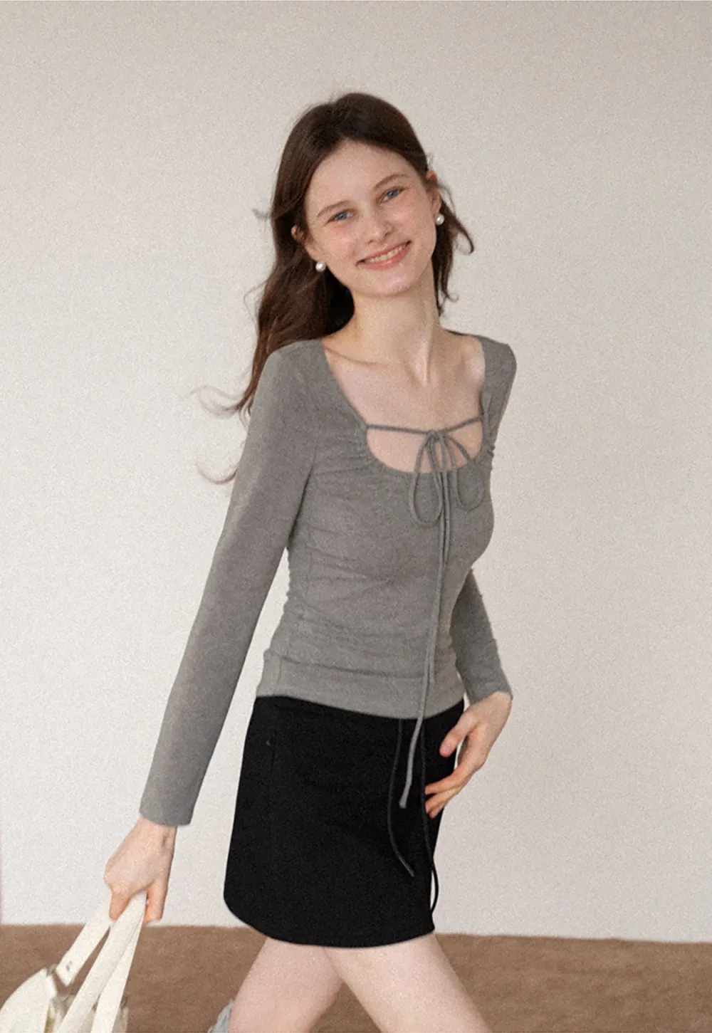 Women's Tie-Front Cutout Long-Sleeve Top