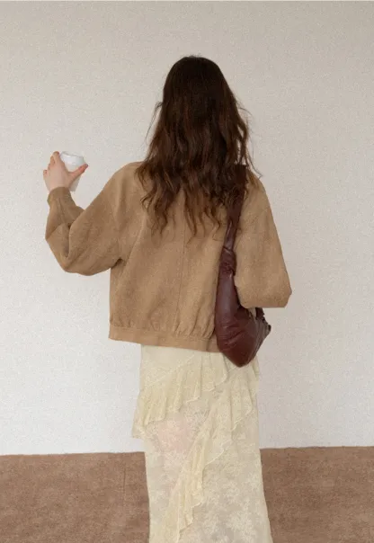 Women's Contrast Collar Faux-Suede Bomber Jacket