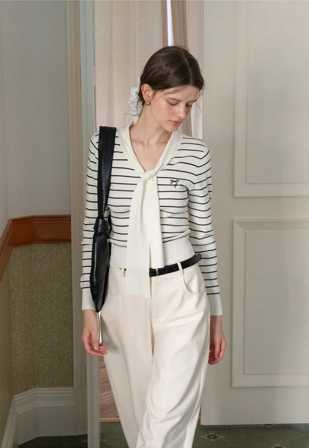 Womens Casual Striped Bow Knot Sweater