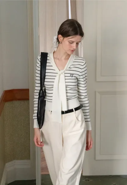 Womens Casual Striped Bow Knot Sweater