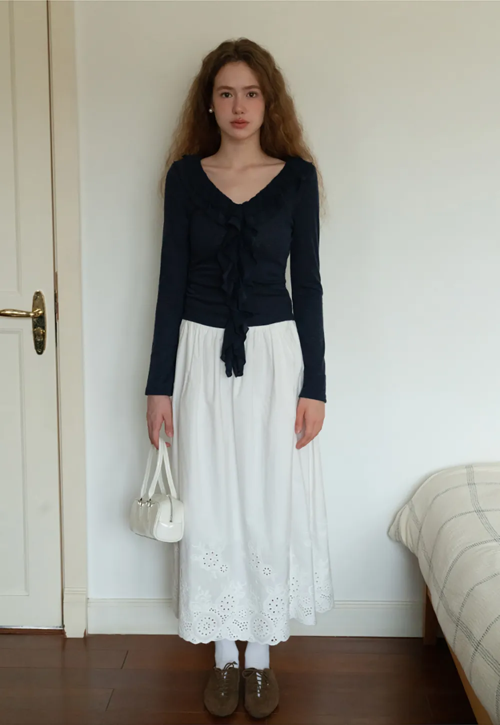 Ruffled V-Neck Long Sleeve Top