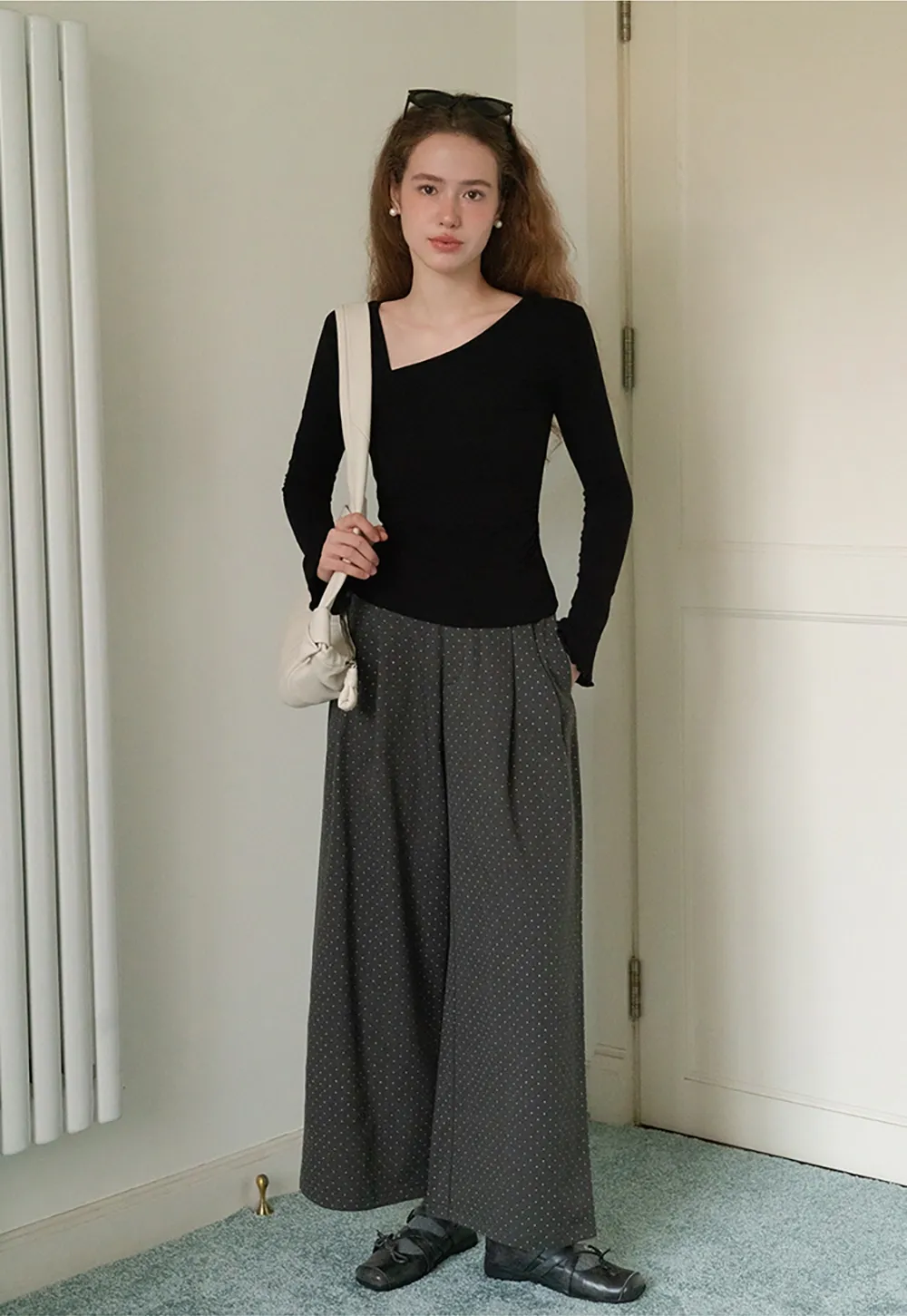 Womens Asymmetrical Neck Slim Fit Long Sleeve Top