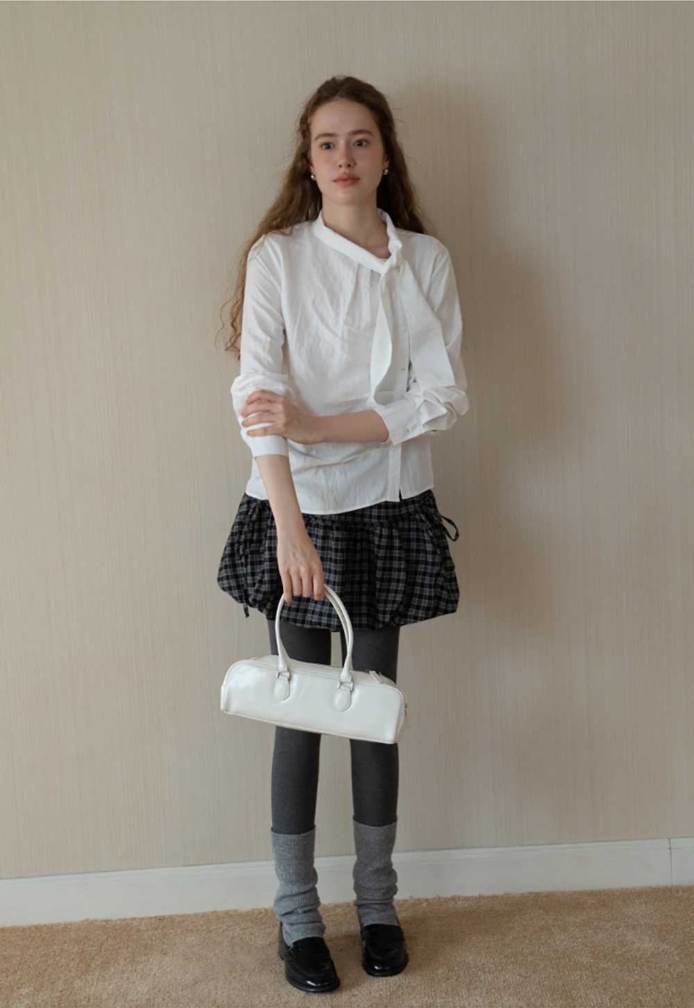 Womens Gingham Bow Tie Blouse Long Sleeve Shirt