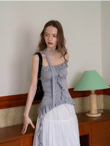 Women's Ruffled Sleeveless Top with Adjustable Tie