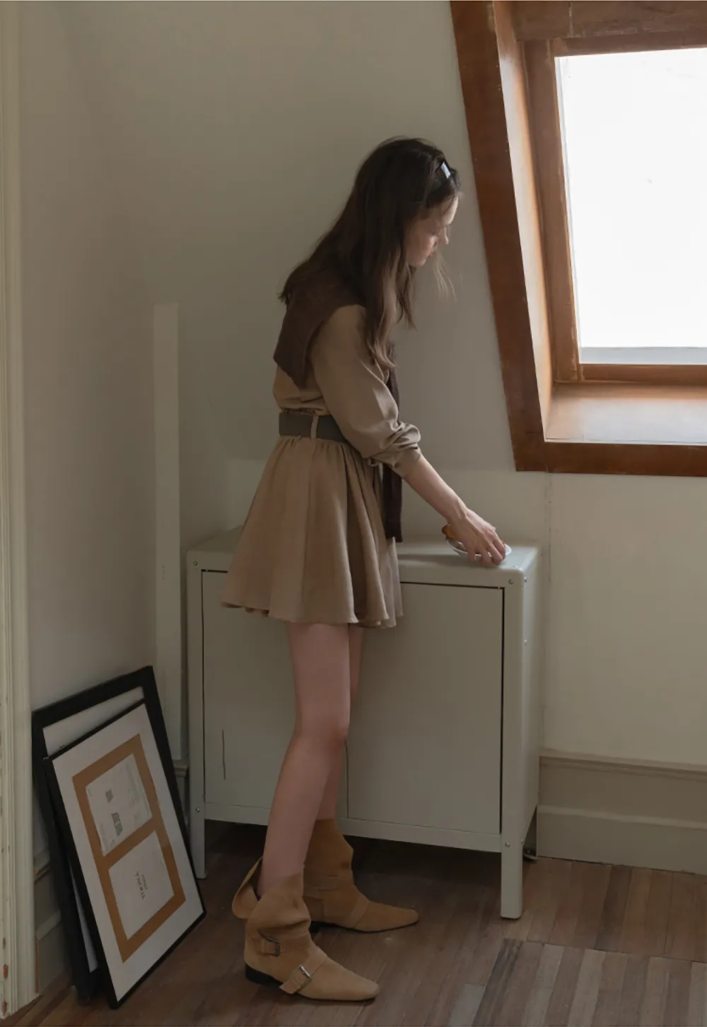 Belted Shirt Dress with Knit Scarf