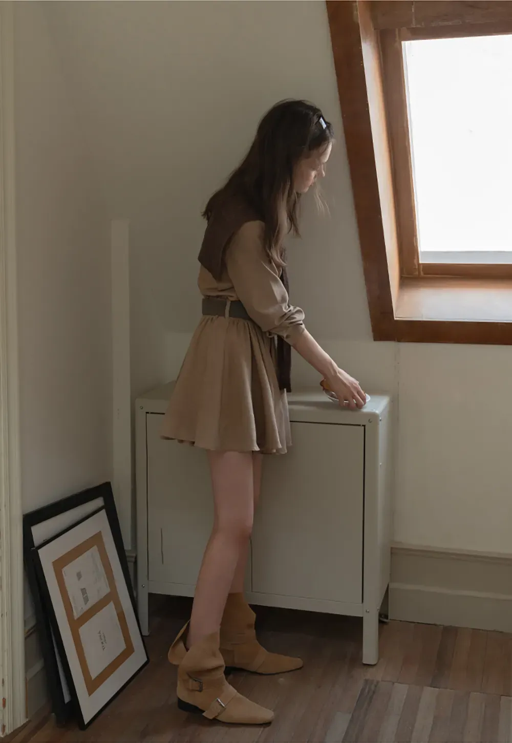 Belted Shirt Dress with Knit Scarf