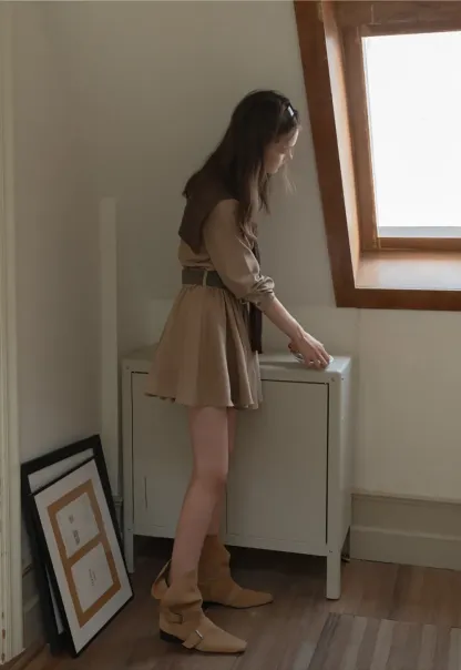 Belted Shirt Dress with Knit Scarf