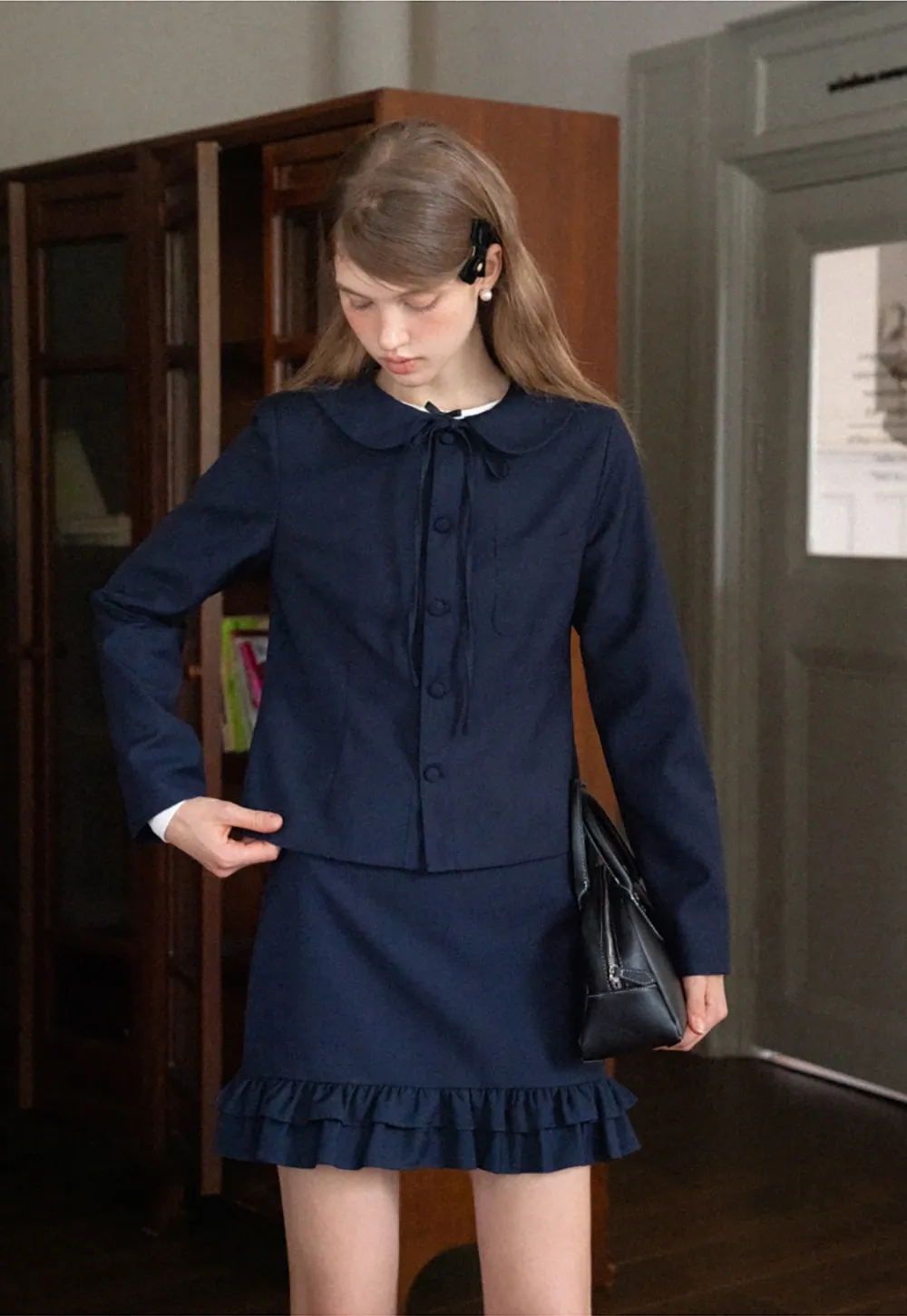 Womens Peter Pan Collar Jacket and Ruffle Hem Skirt Set