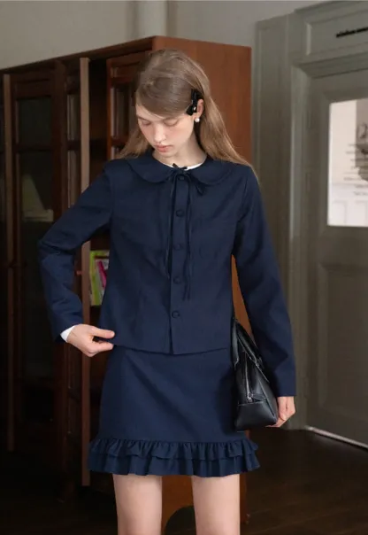 Womens Peter Pan Collar Jacket and Ruffle Hem Skirt Set