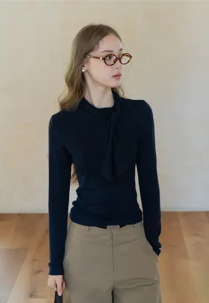 Womens Long Sleeve Tie Neck Tee