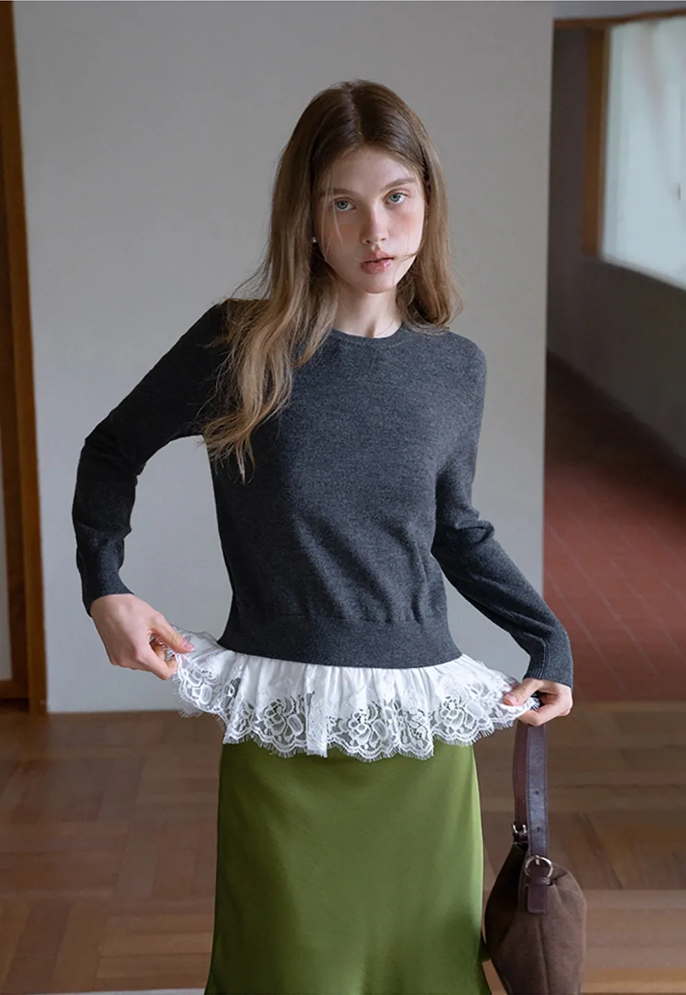Womens Knit Sweater with Lace Hem