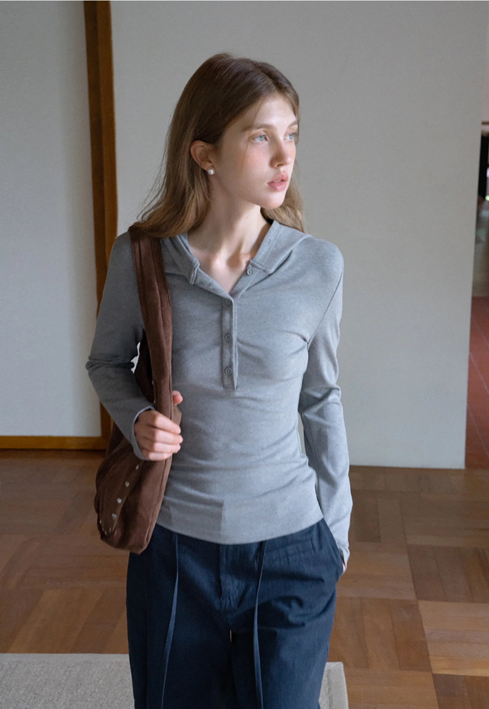 Long Sleeve Hoodie Top with Button Front