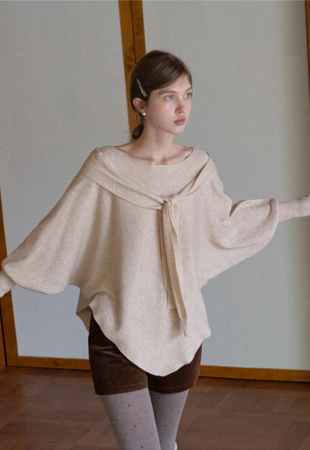 Womens Tie Collar Batwing Knit Sweater