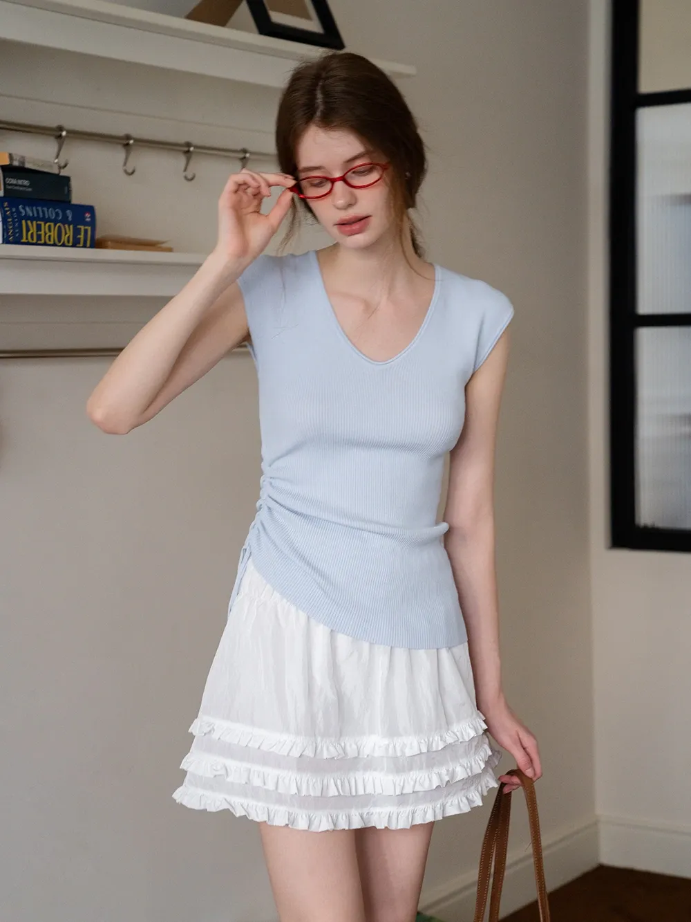 Side-Tie V-Neck Ribbed Top