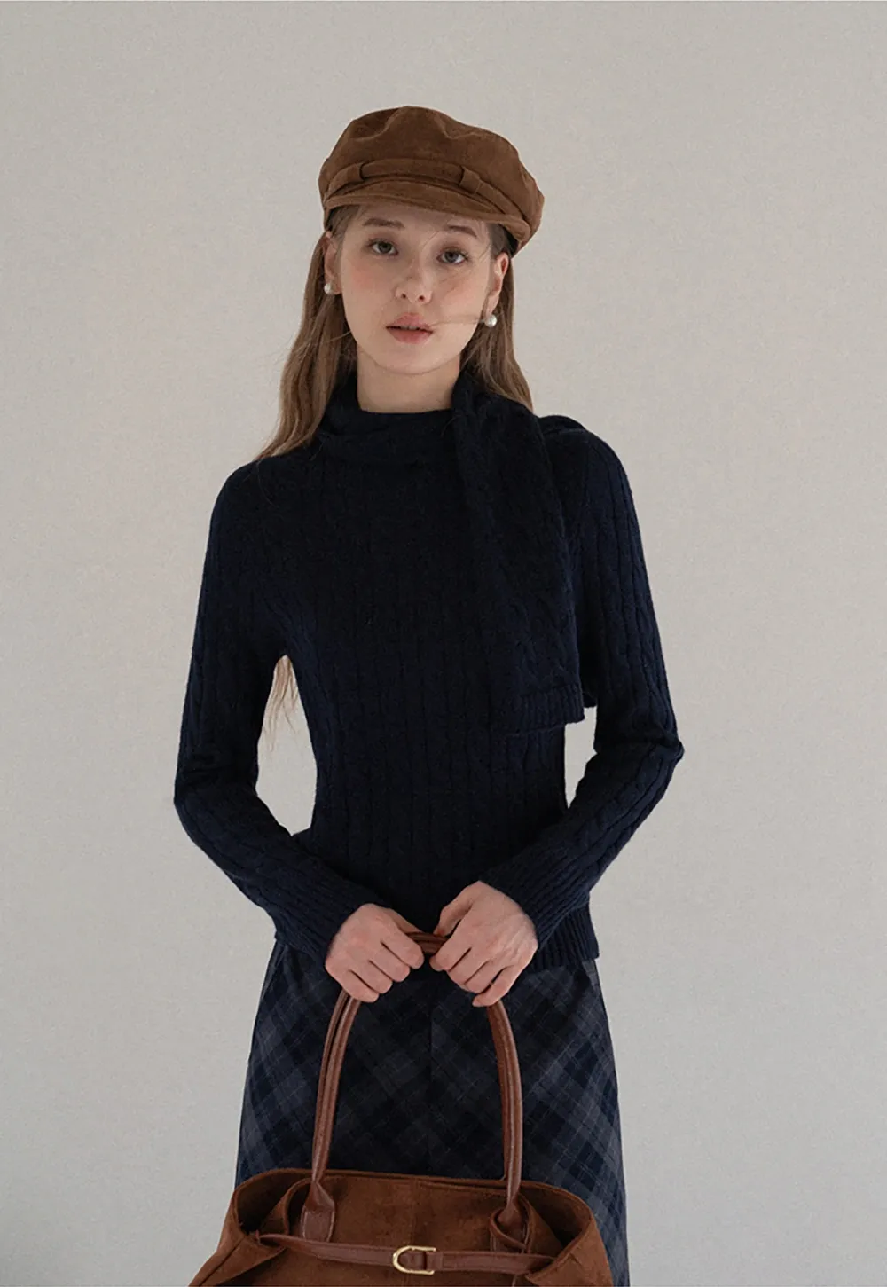 Women Cable Knit Sweater with Scarf Tie Long Sleeve