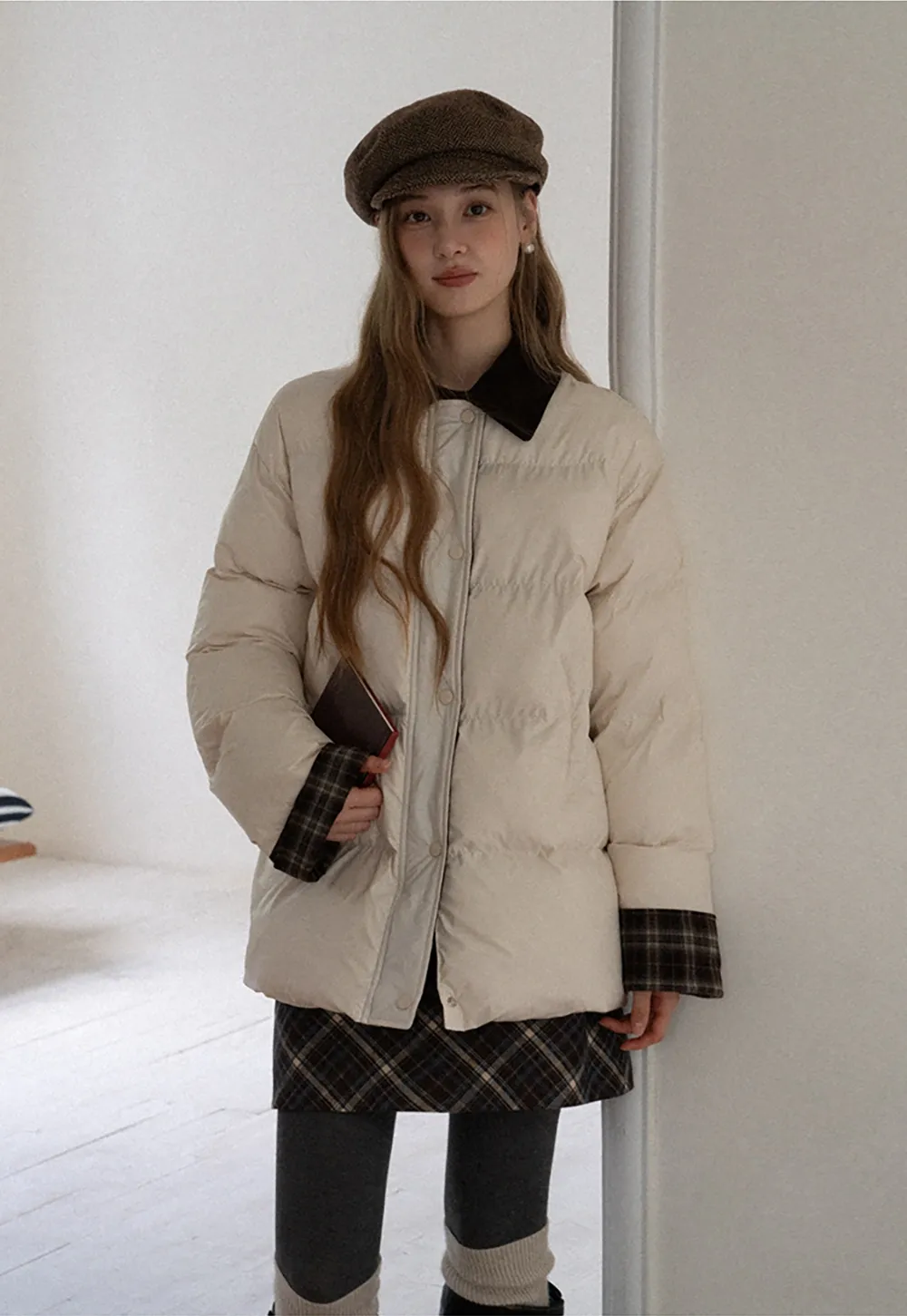 Women Short Cotton Coat with Contrast Collar and Cuffs