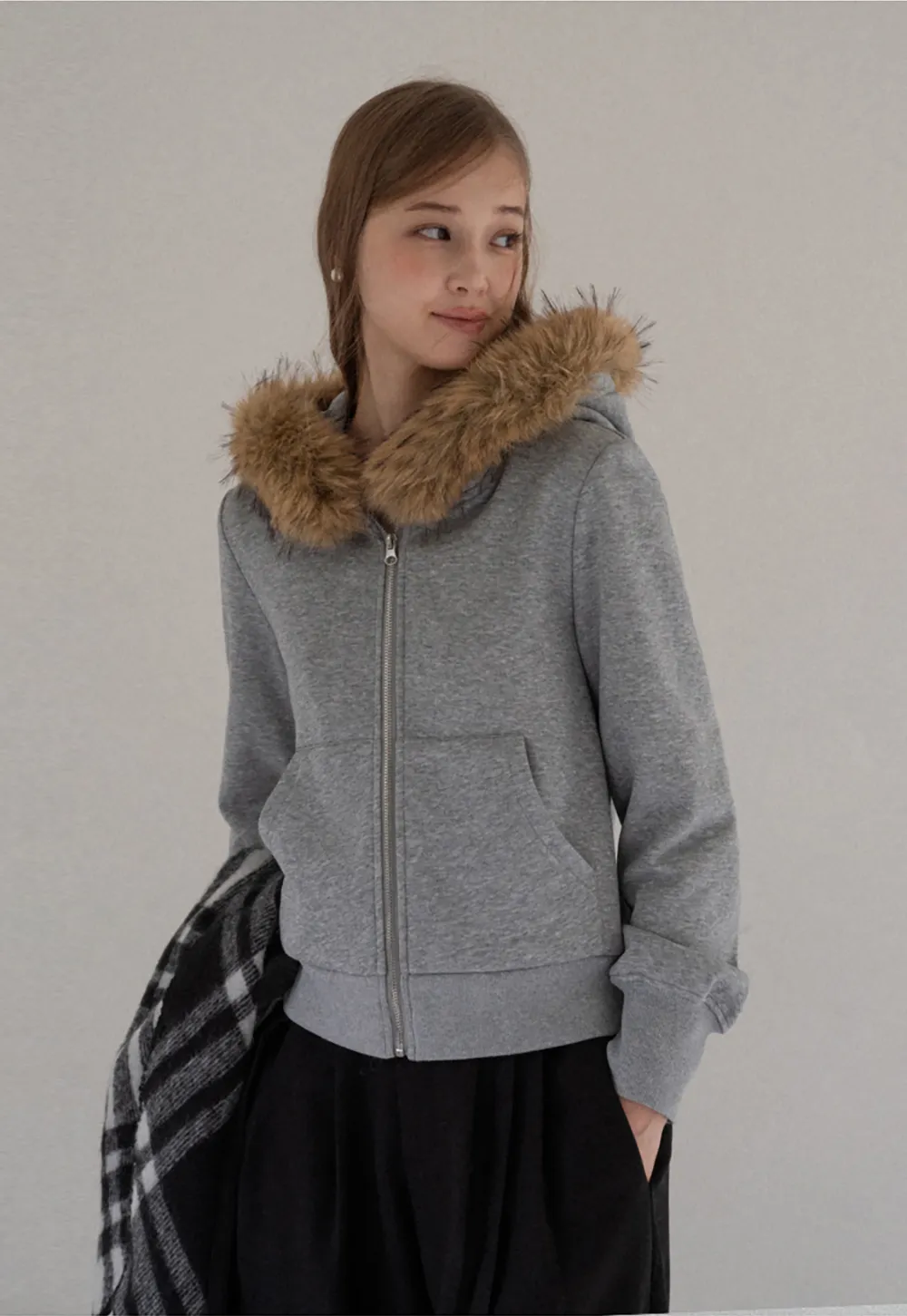 Faux Fur Trim Zip Up Hoodie