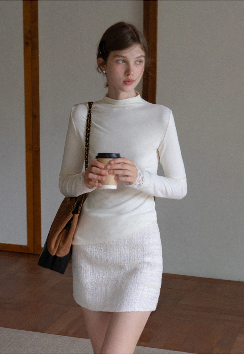 Women Cream White Lace Cuff High Neck Tee