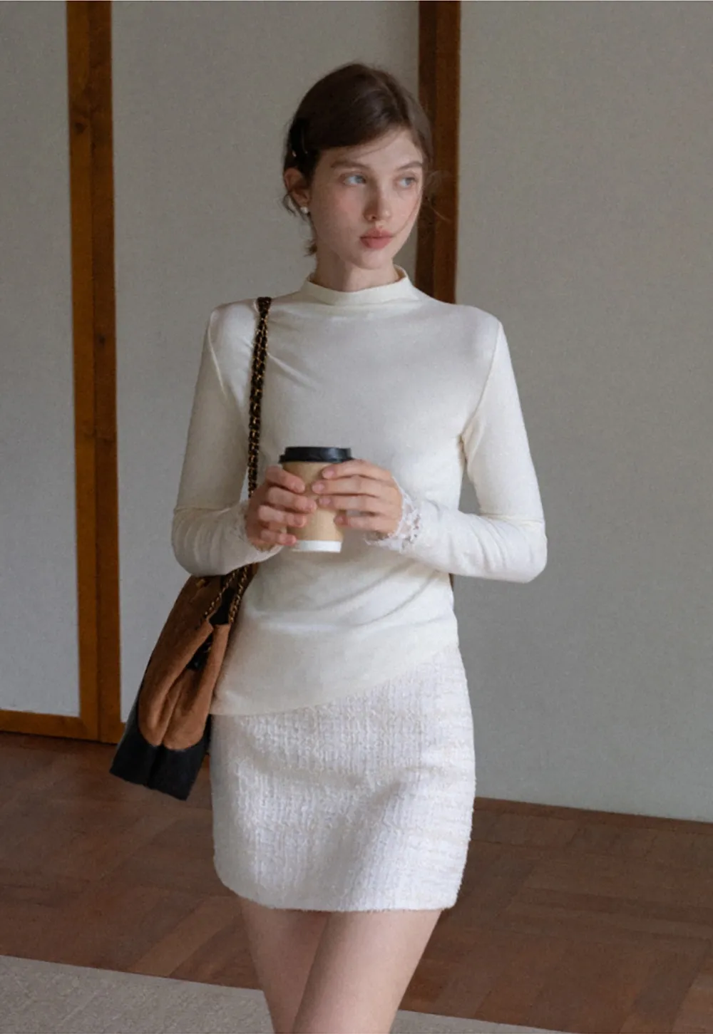 Women Cream White Lace Cuff High Neck Tee