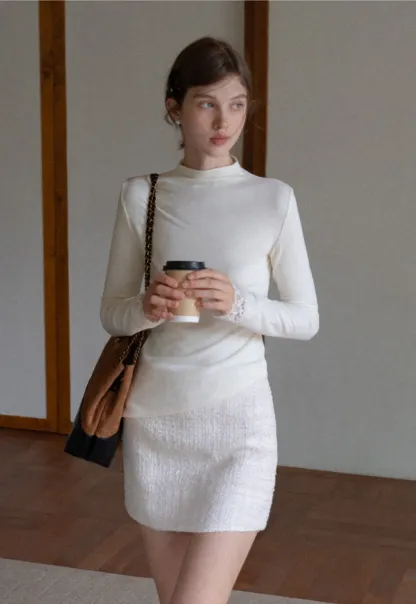 Women Cream White Lace Cuff High Neck Tee