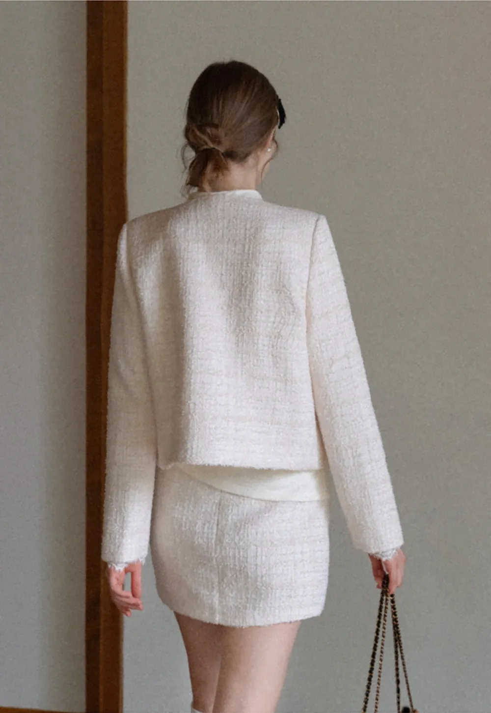 Women Elegant Tweed Skirt Suit Set with Crop Jacket