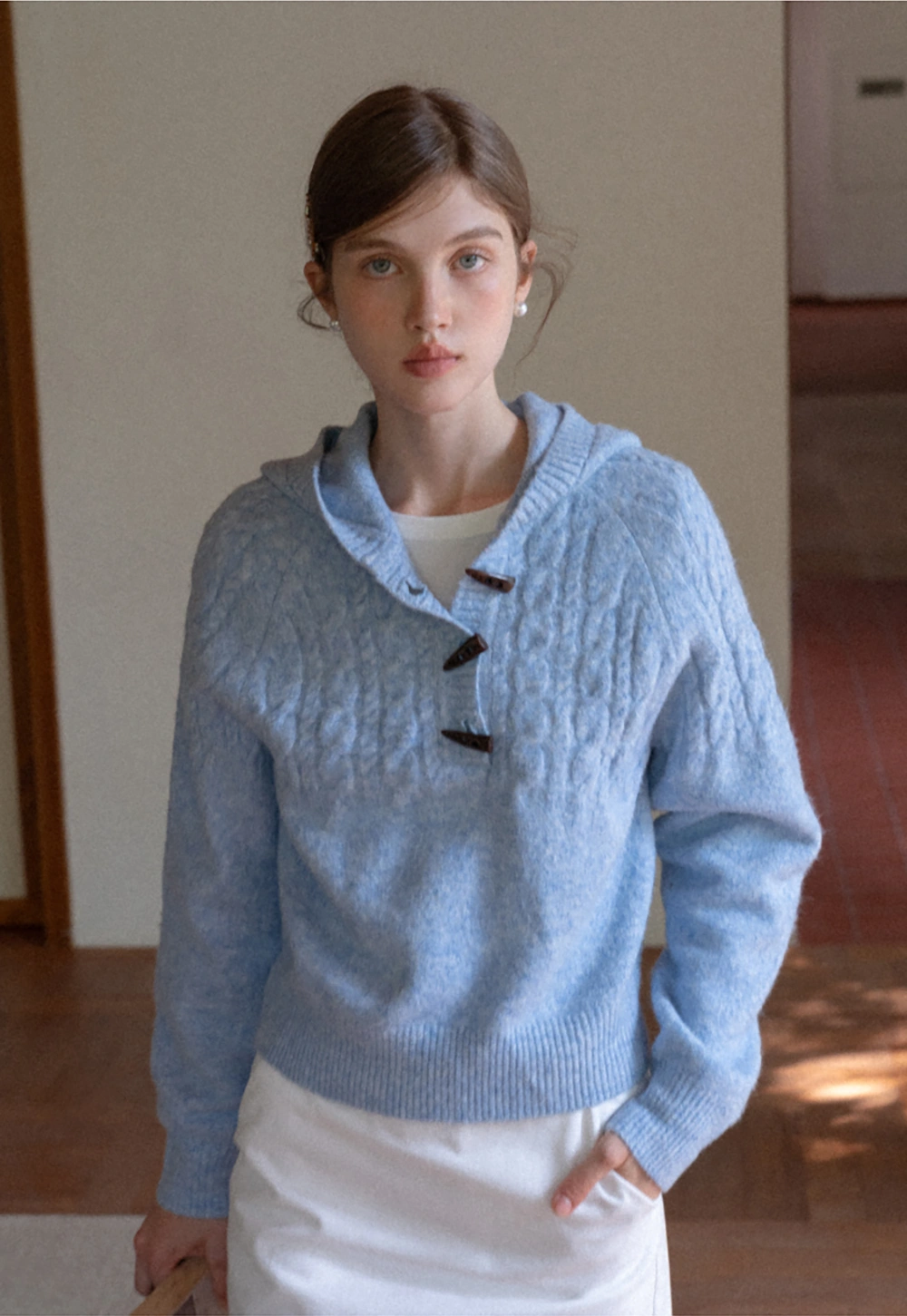 Women Winter Cable Knit Hooded Pullover