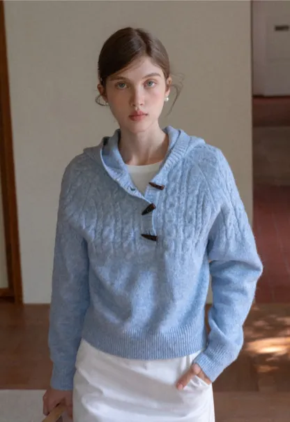 Women Winter Cable Knit Hooded Pullover