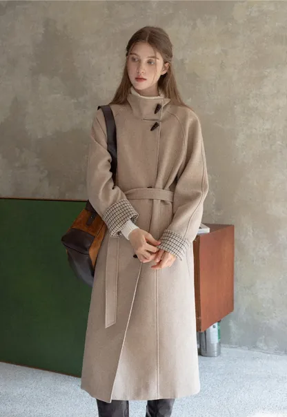 Womens Stand Collar Toggle Wool Coat with Plaid Trim