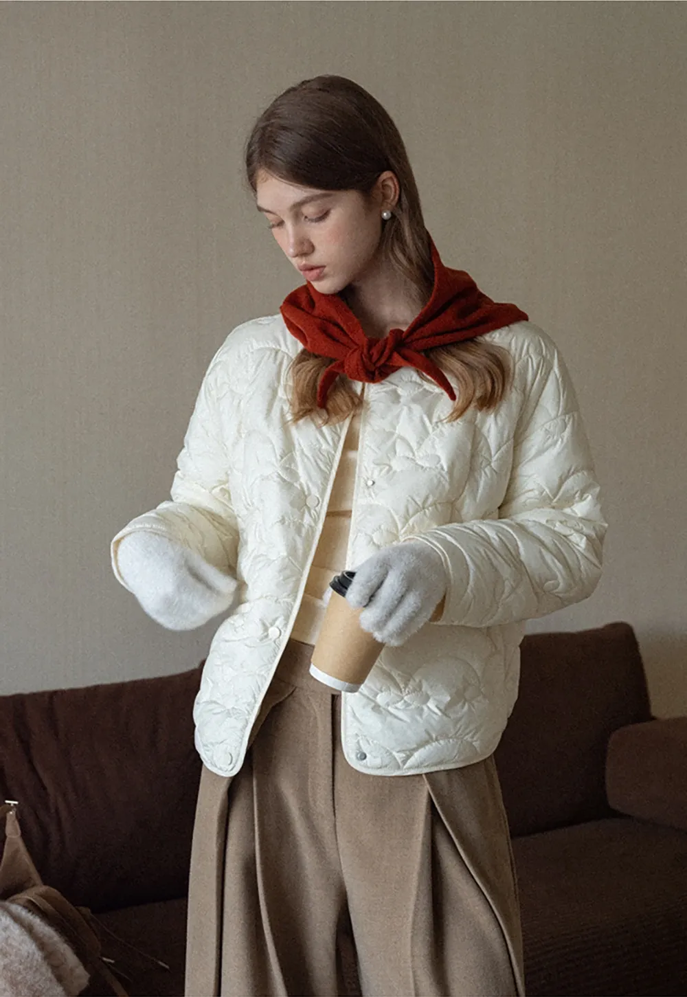 Round Neck Quilted Jacket Women Casual Outerwear