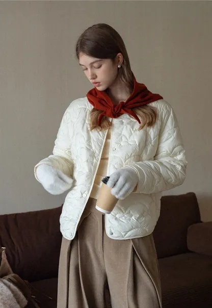 Round Neck Quilted Jacket Women Casual Outerwear