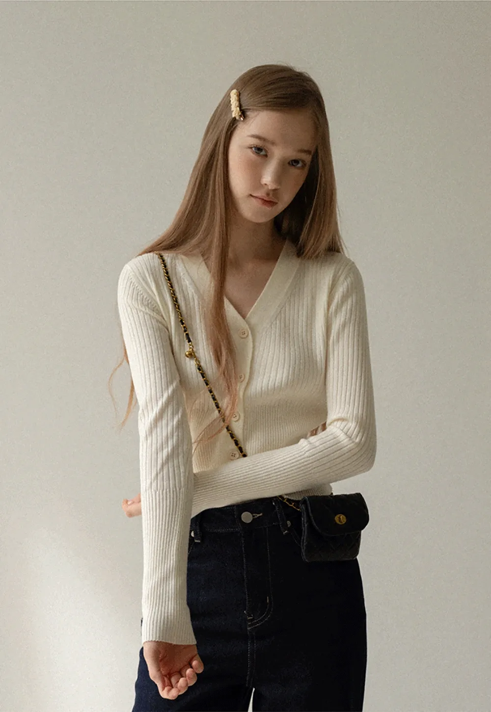 Women’s Ribbed V-Neck Cardigan with Button Detail