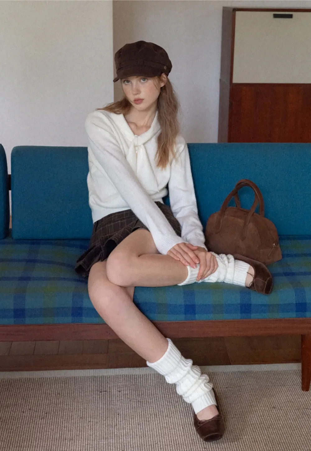 Womens Plaid Pleated Mini Skirt with Button Detail