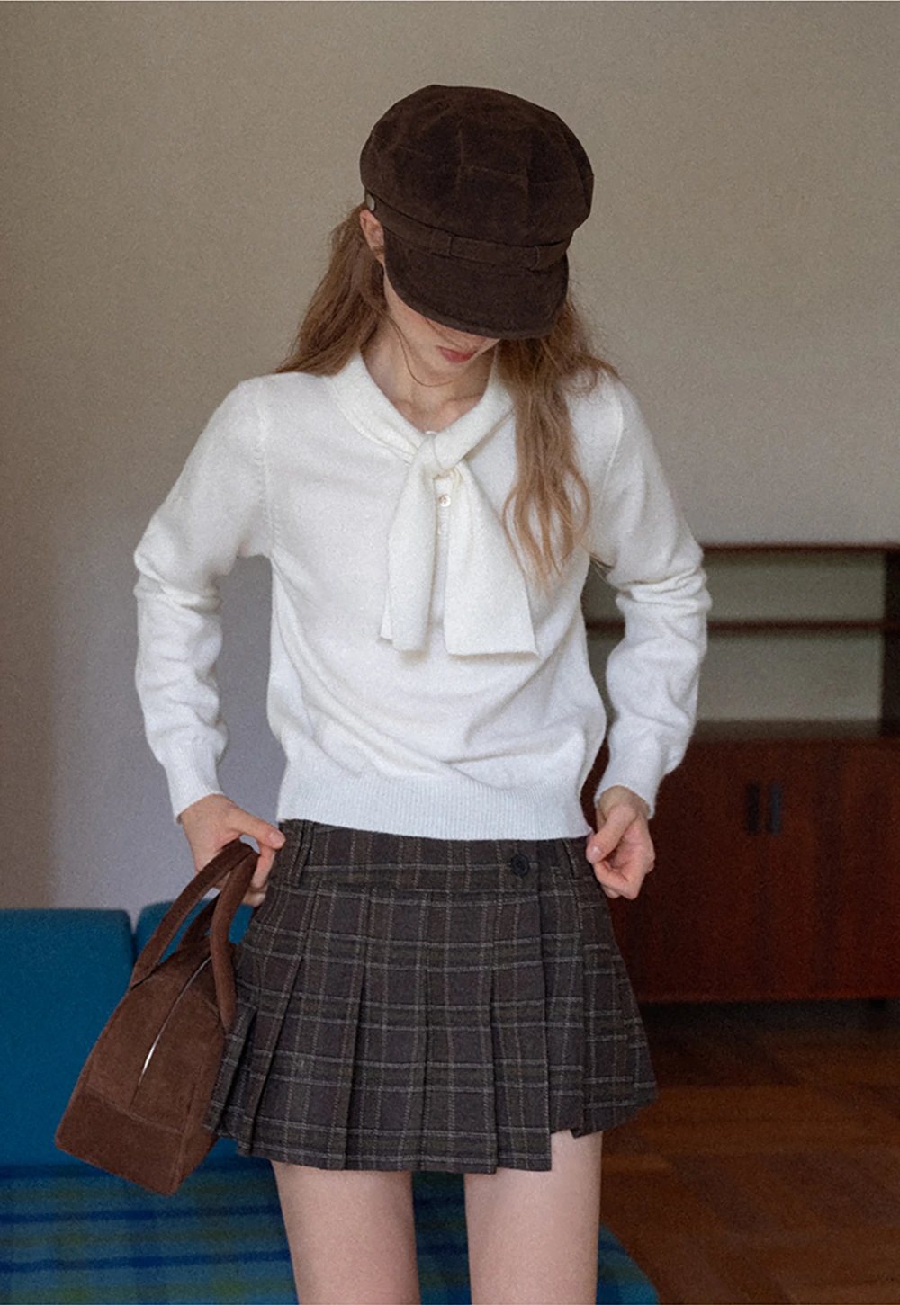 Womens Knit Sweater with Tie Neck