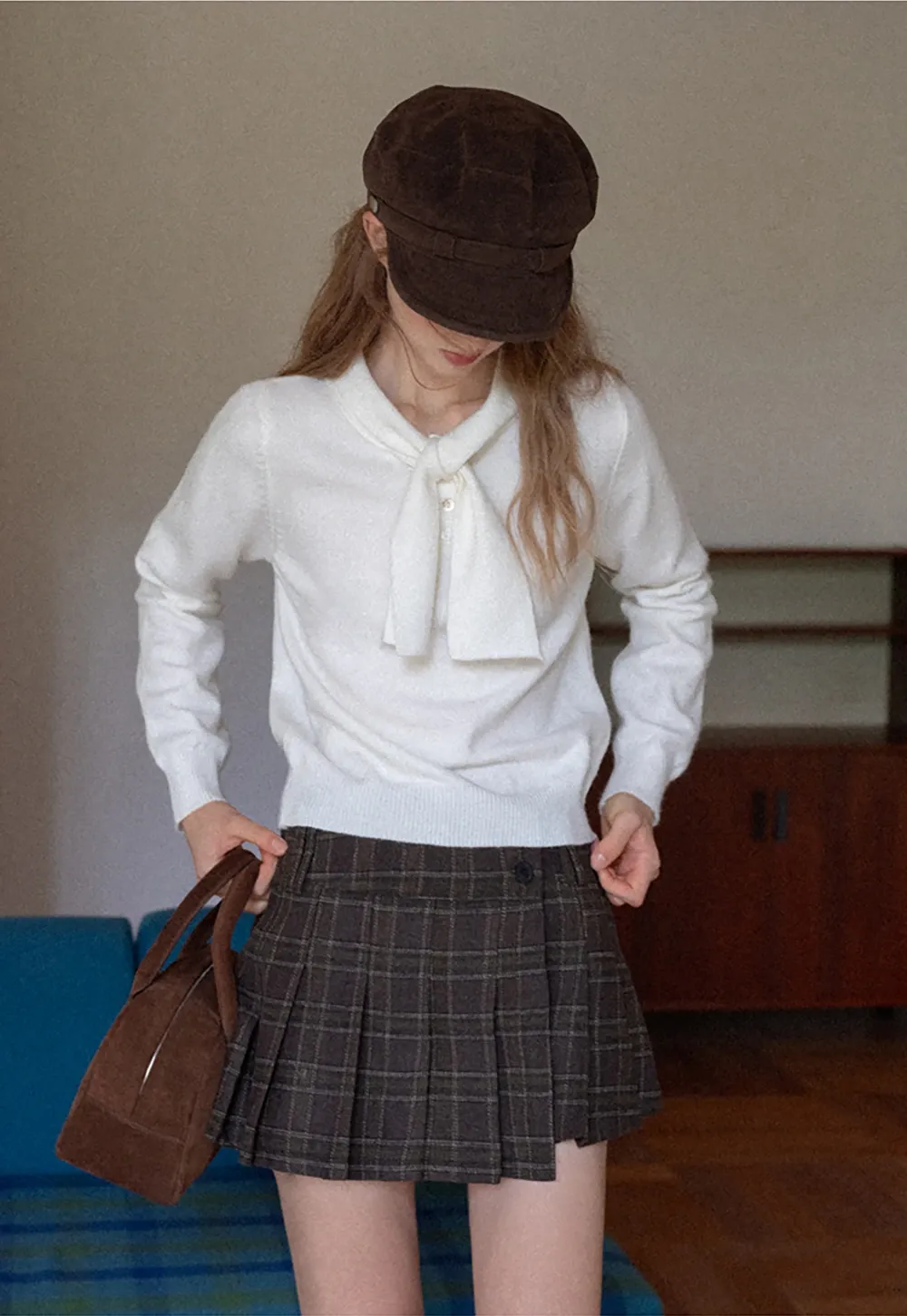 Womens Knit Sweater with Tie Neck