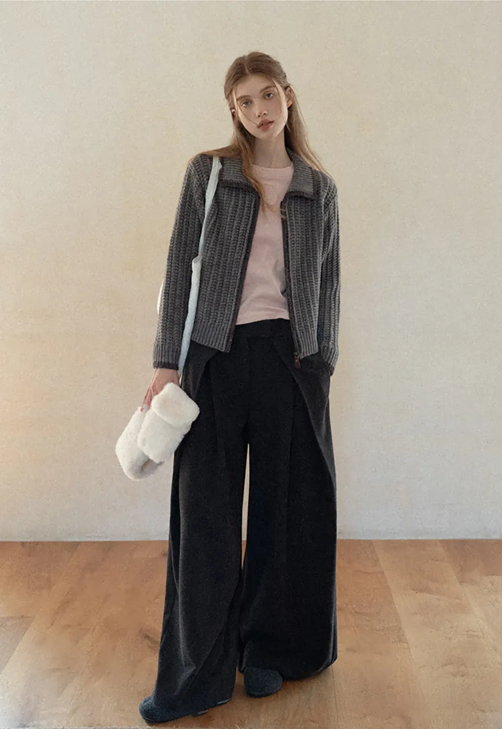 Contrast Trim Zip-Up Knit Cardigan