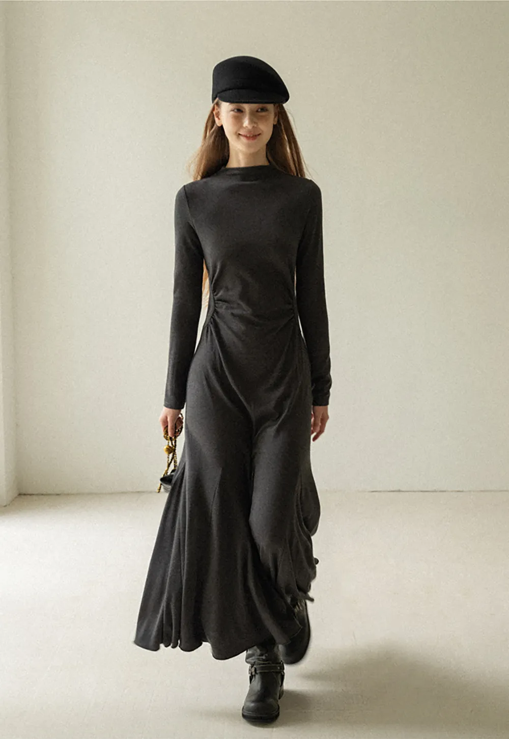 Ruched Waist Long Sleeve Midi Dress