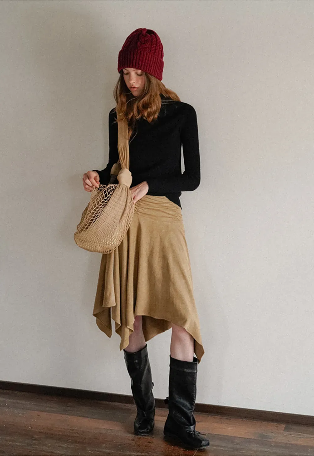 Ruched Waist Asymmetric Midi Skirt