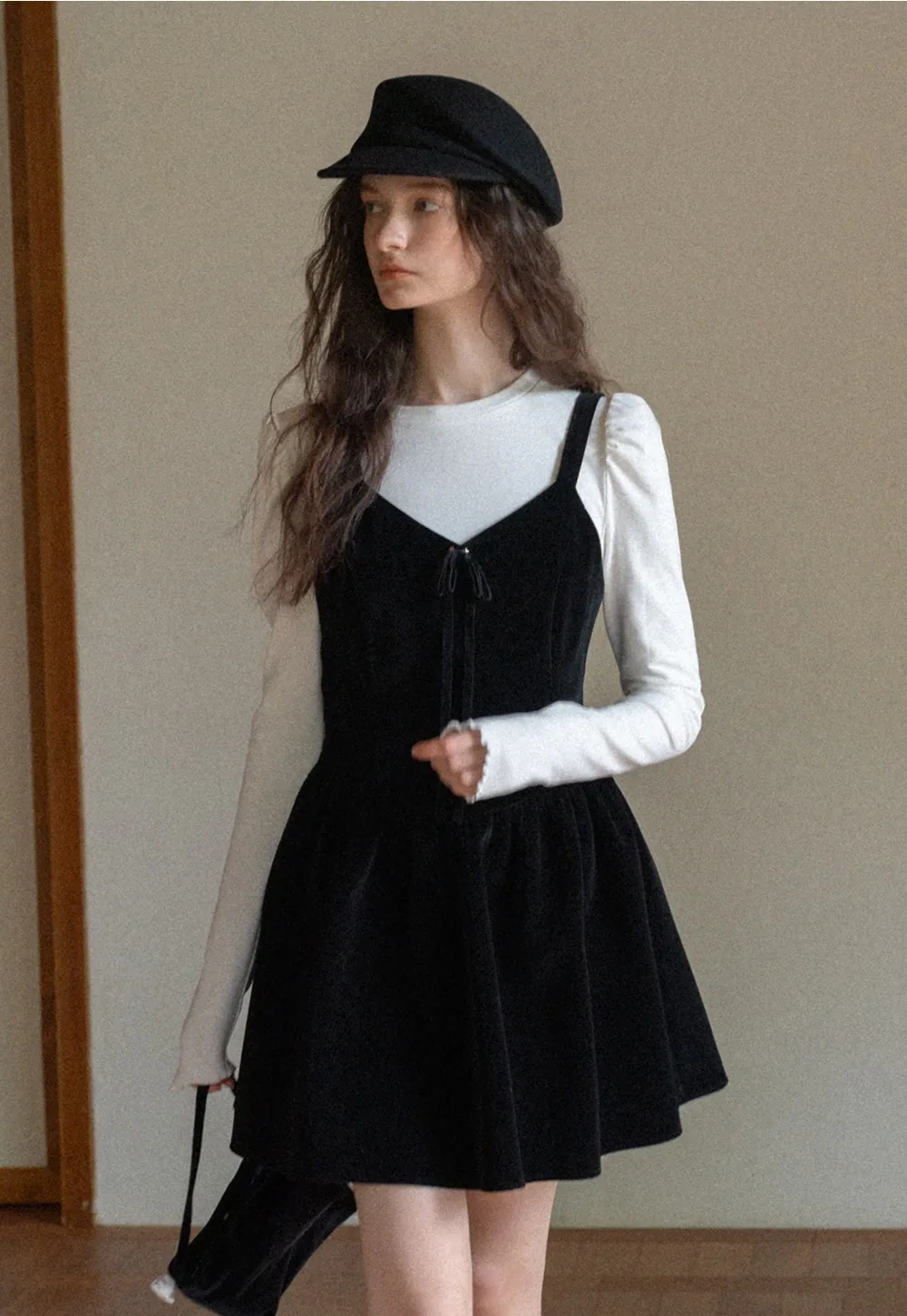 Women Black Velvet Pinafore Dress with Tie Front and Adjustable Straps