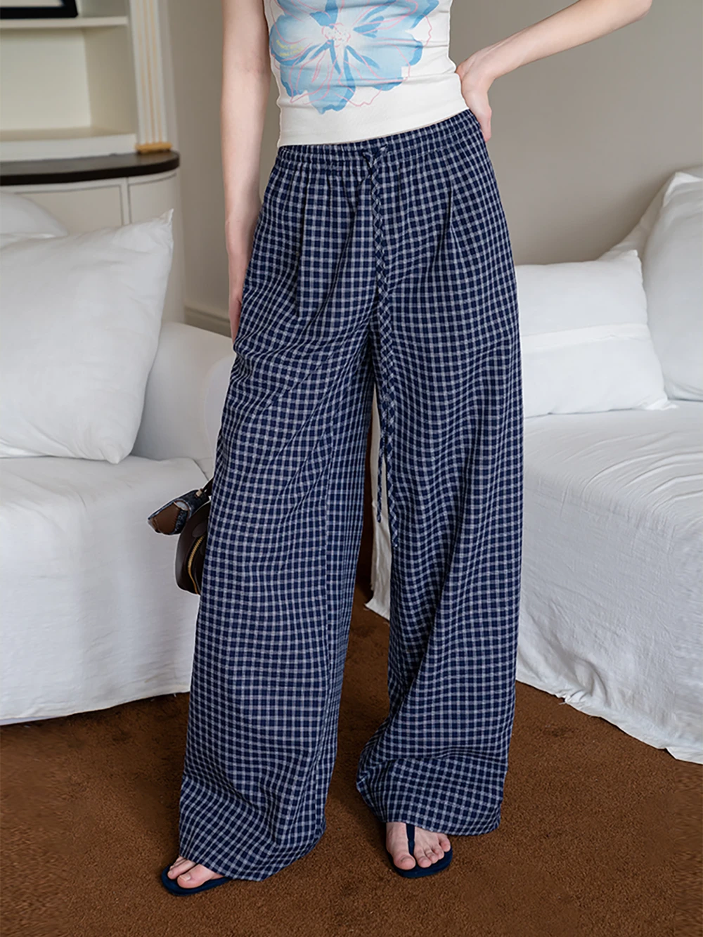 Women's Plaid Wide Leg Lounge Pants with Elastic Waist