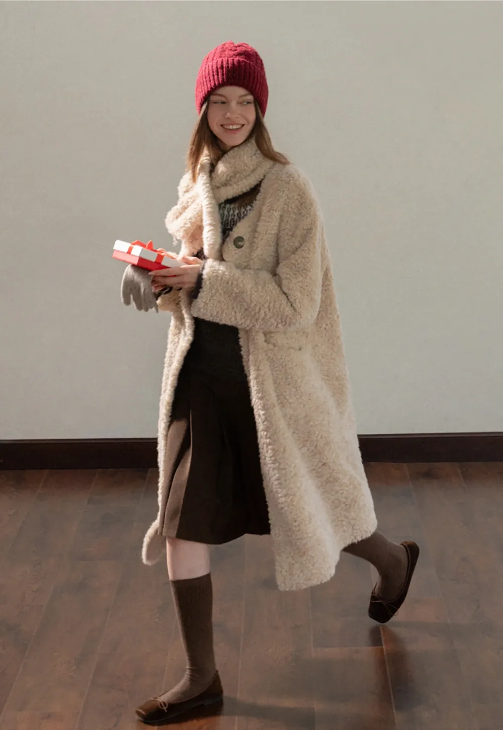 Women Long Fuzzy Teddy Coat with Attached Scarf