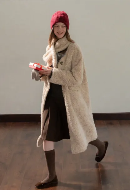 Women Long Fuzzy Teddy Coat with Attached Scarf