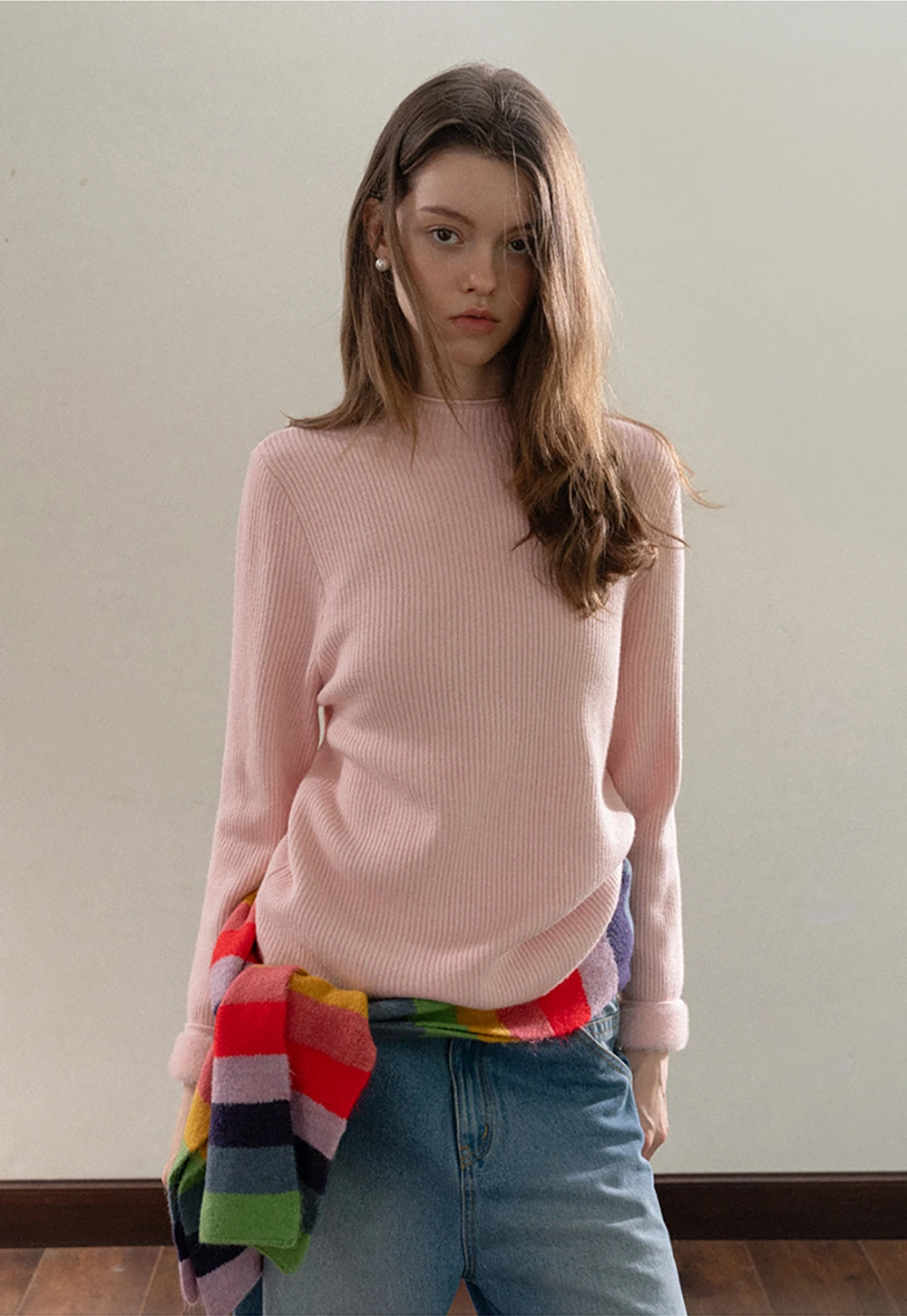 Stand-Collar Ribbed Fleece Knit Top