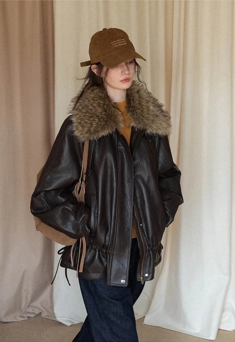 Casual Winter Faux Leather Coat with Soft Fur Collar