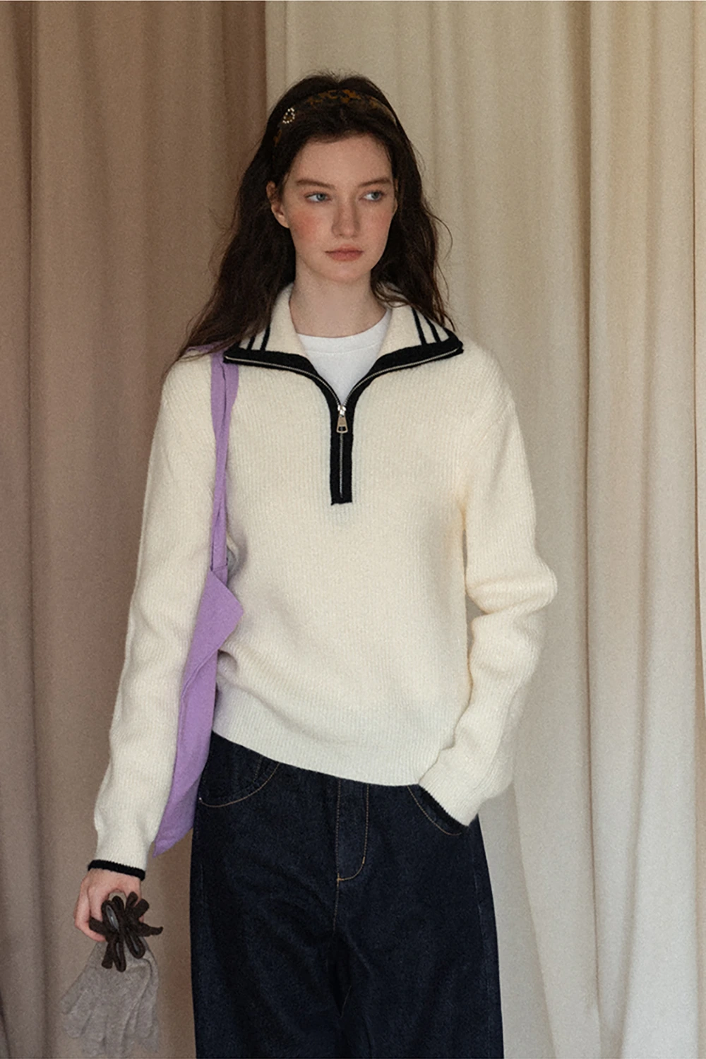 Women’s Sailor Collar Half Zip Sweater