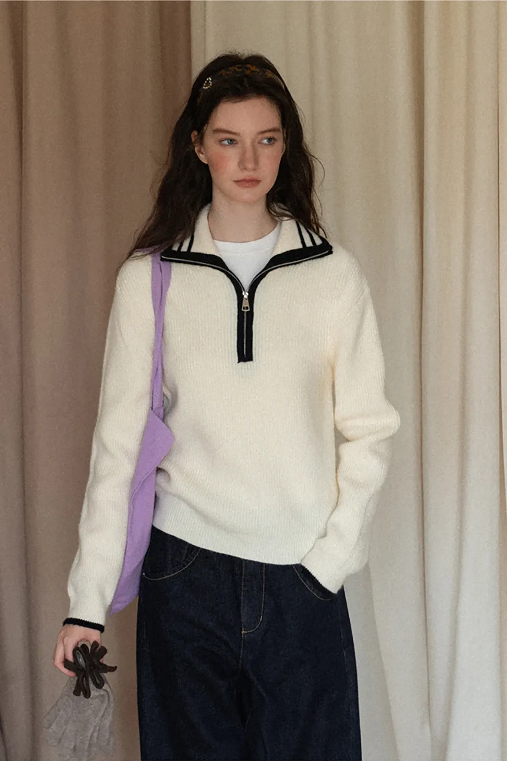 Women’s Sailor Collar Half Zip Sweater