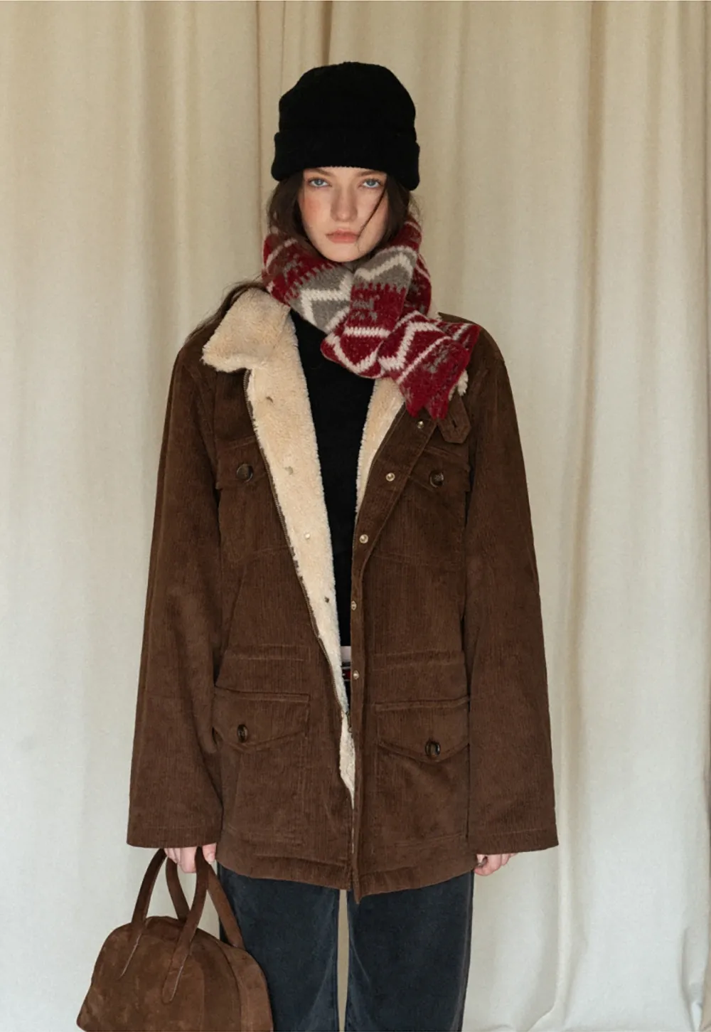 Women Casual Brown Corduroy Coat with Fleece Lining