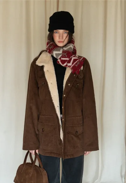 Women Casual Brown Corduroy Coat with Fleece Lining