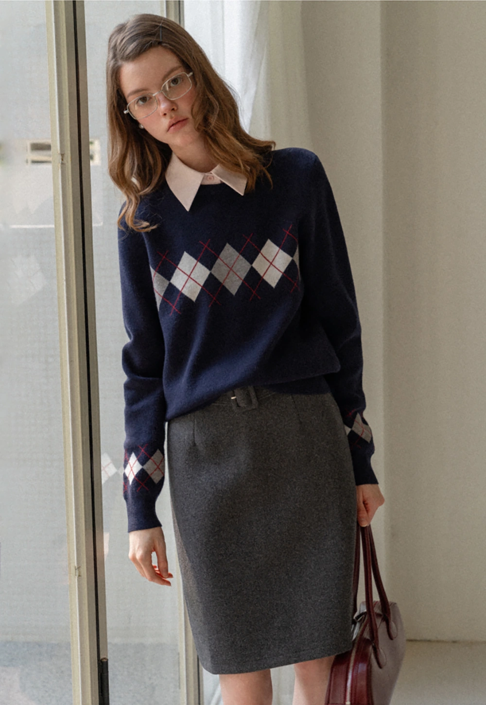 Navy Blue Sweater with Argyle Pattern for Women