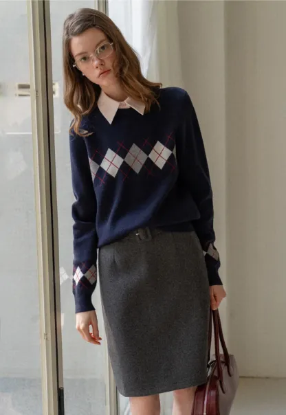Navy Blue Sweater with Argyle Pattern for Women